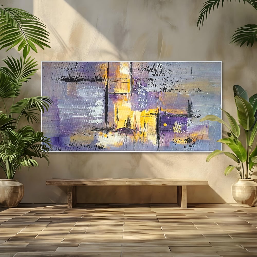 Tablou canvas cu pictura abstracta cu linii si pete, in rama de aluminiu argintiu
